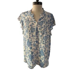 Lovestitch Women's White Floral Print Button Up Blouse Top Size L